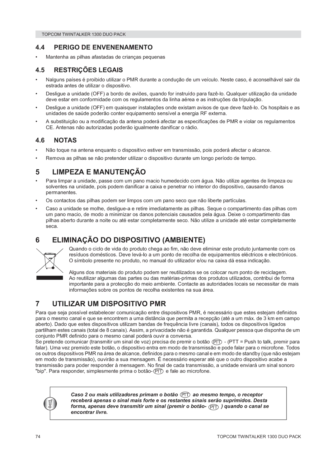 Topcom 1300 DUO PACK Limpeza E Manutenção, Eliminação do Dispositivo Ambiente, Utilizar UM Dispositivo PMR 
