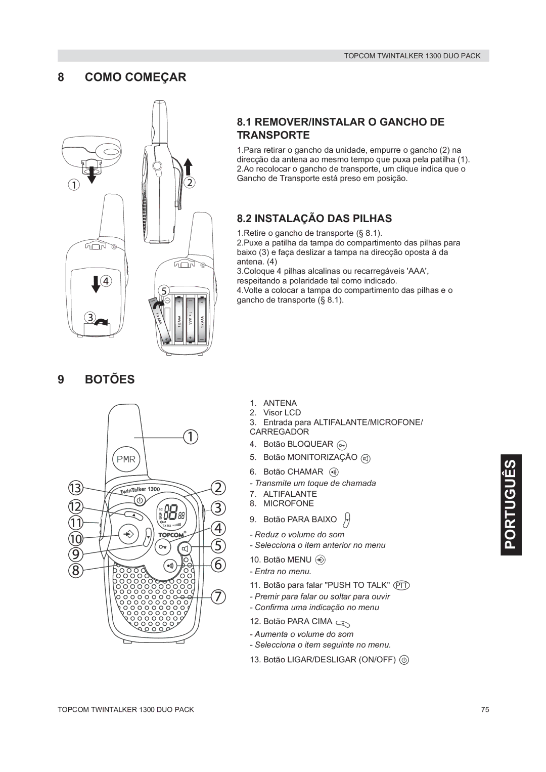 Topcom 1300 DUO PACK Como Começar, Botões, REMOVER/INSTALAR O Gancho DE Transporte, Instalação DAS Pilhas 