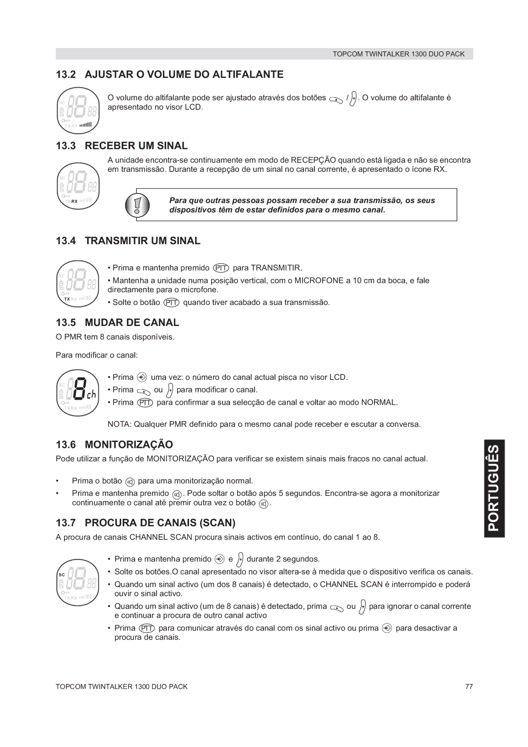 Topcom 1300 DUO PACK Ajustar O Volume do Altifalante, Receber UM Sinal, Transmitir UM Sinal, Mudar DE Canal, Monitorização 