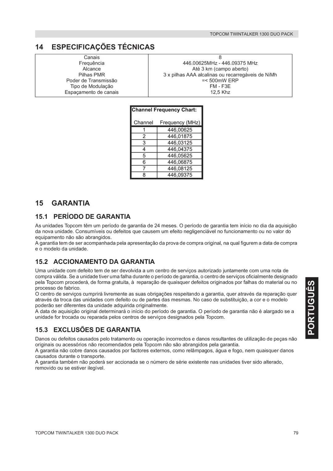 Topcom 1300 DUO PACK manual do utilizador Especificações Técnicas, 15.1 Período DE Garantia, Accionamento DA Garantia 