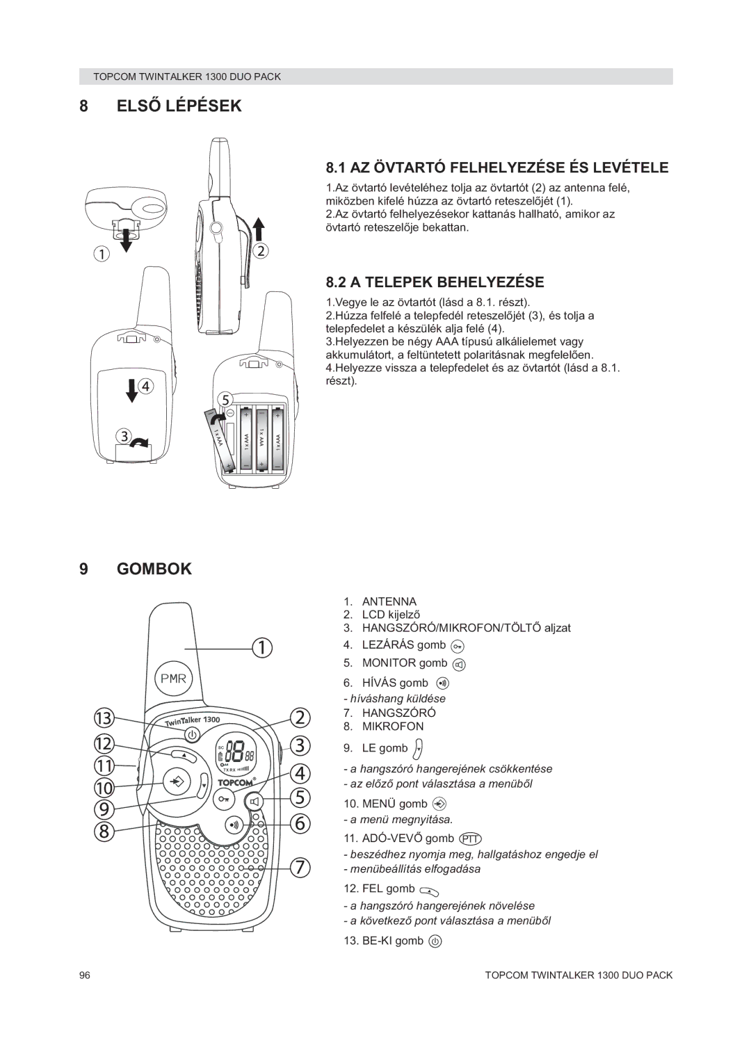 Topcom 1300 DUO PACK manual do utilizador Els, Gombok, AZ Övtartó Felhelyezése ÉS Levétele, Telepek Behelyezése 