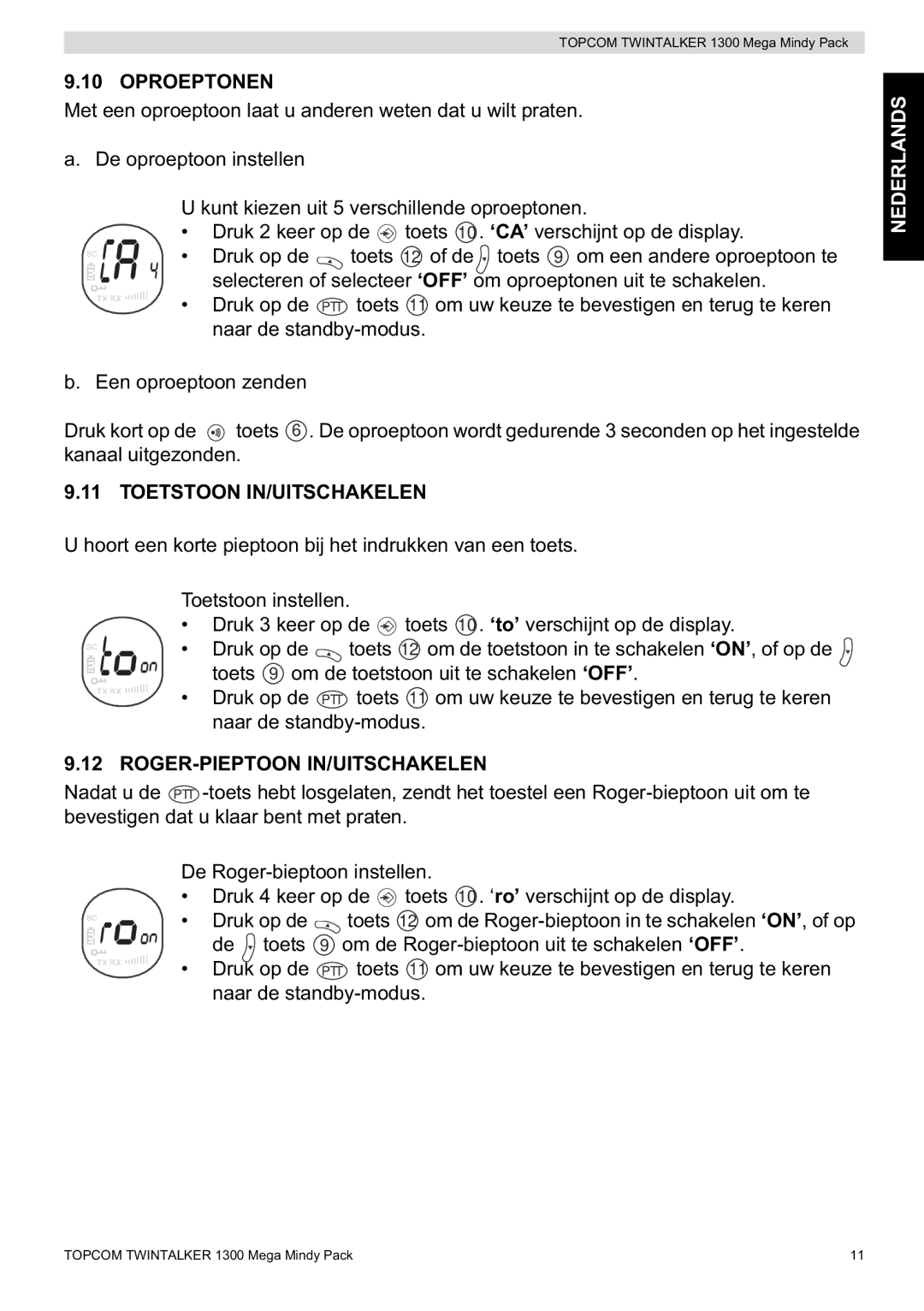 Topcom 1300 Mega Mindy manual Oproeptonen, Toetstoon IN/UITSCHAKELEN, Roger-Pieptoon In/Uitschakelen 