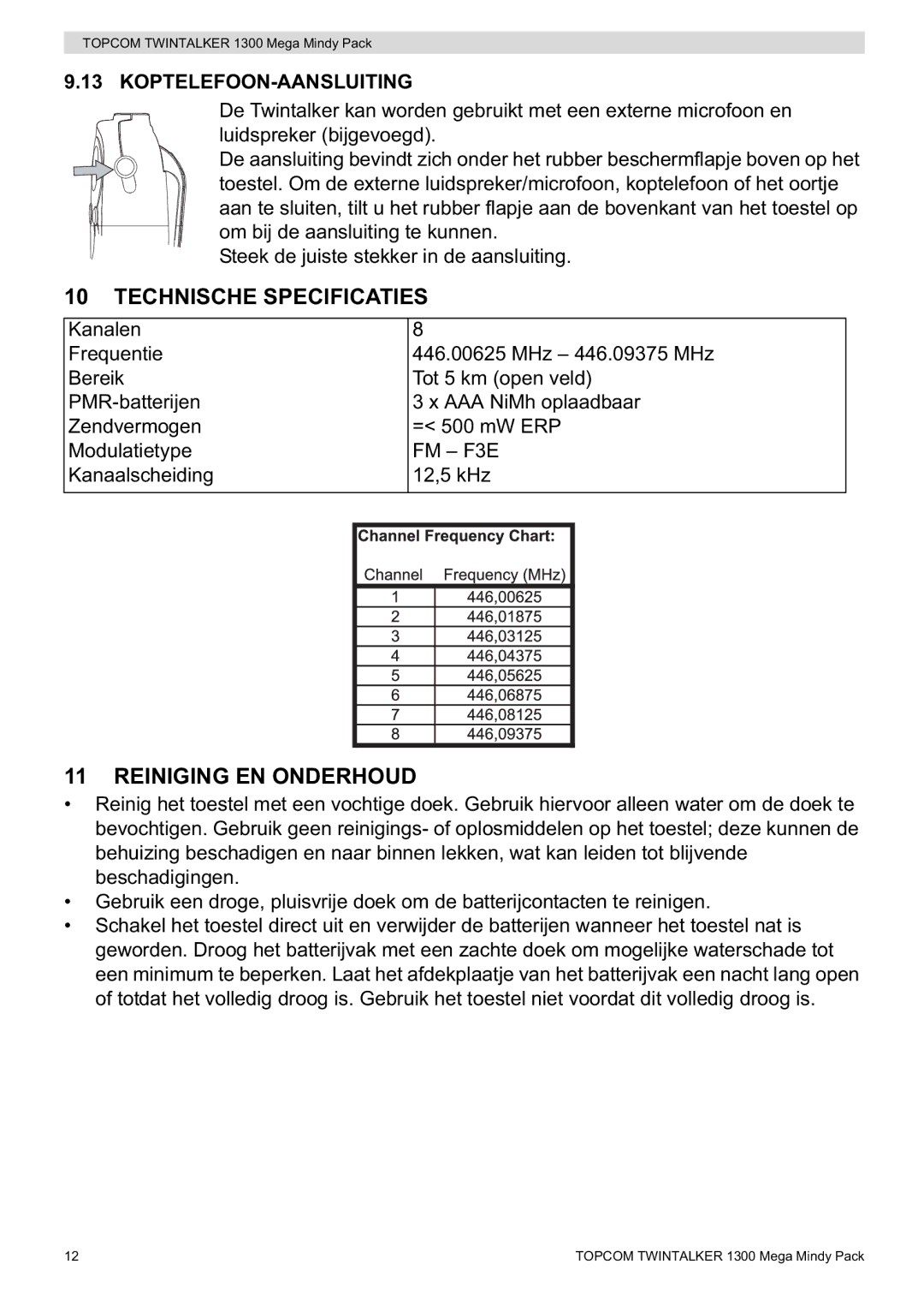 Topcom 1300 Mega Mindy manual Technische Specificaties, Reiniging EN Onderhoud, Koptelefoon-Aansluiting 