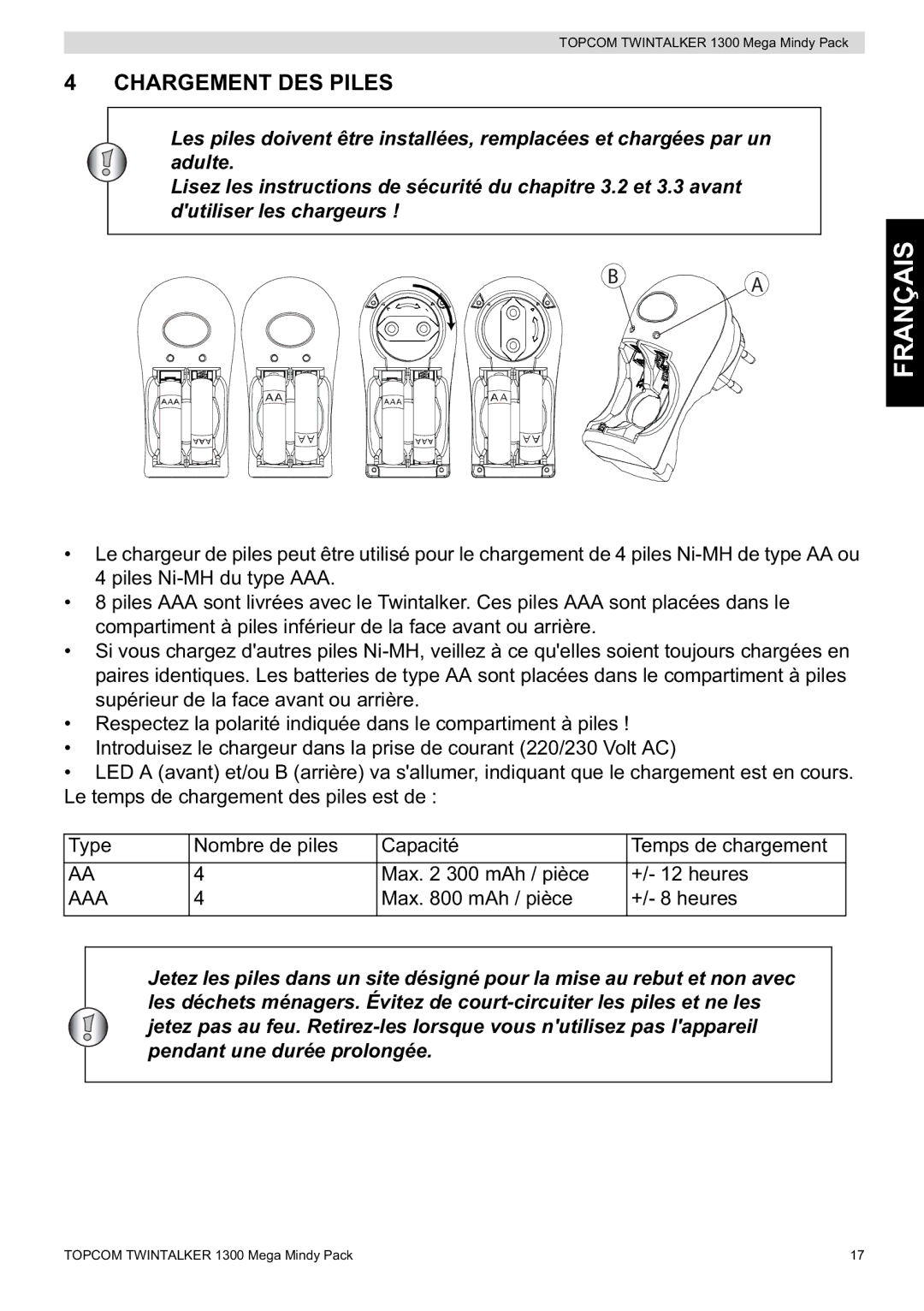 Topcom 1300 Mega Mindy manual Chargement DES Piles 