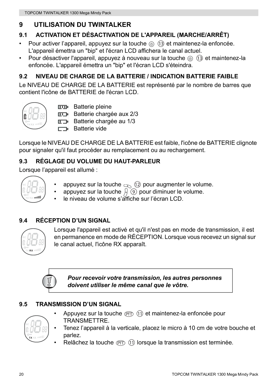 Topcom 1300 Mega Mindy manual Utilisation DU Twintalker, Activation ET Désactivation DE Lappareil MARCHE/ARRÊT 