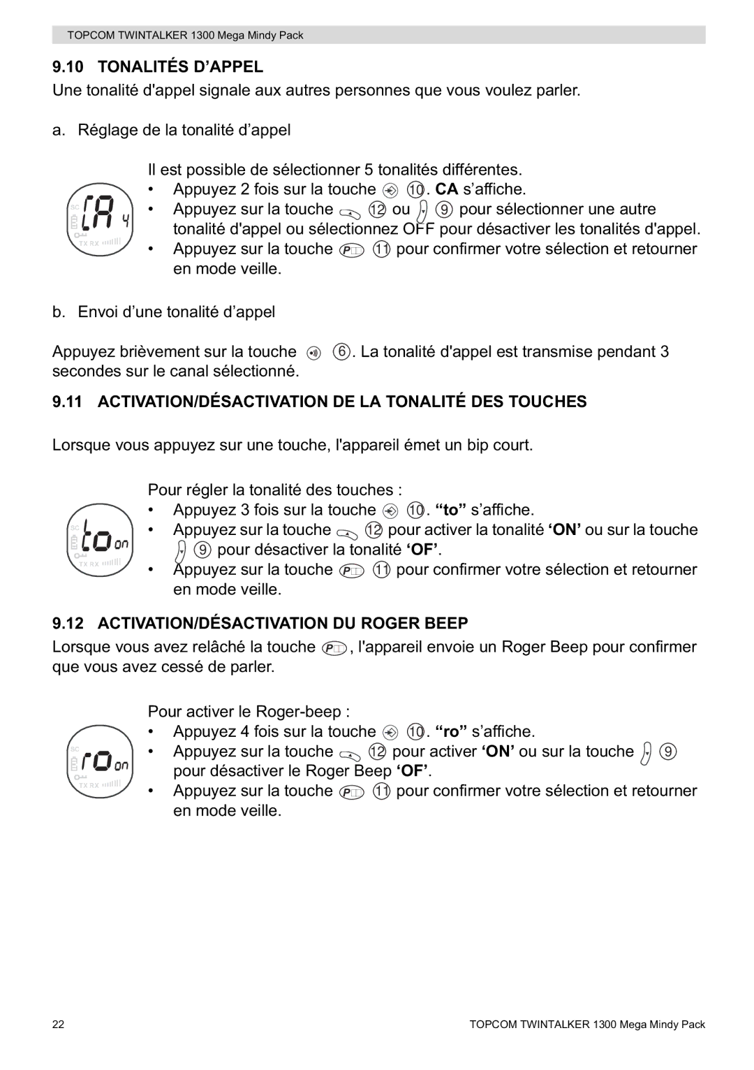 Topcom 1300 Mega Mindy manual Tonalités D’APPEL, ACTIVATION/DÉSACTIVATION DE LA Tonalité DES Touches 