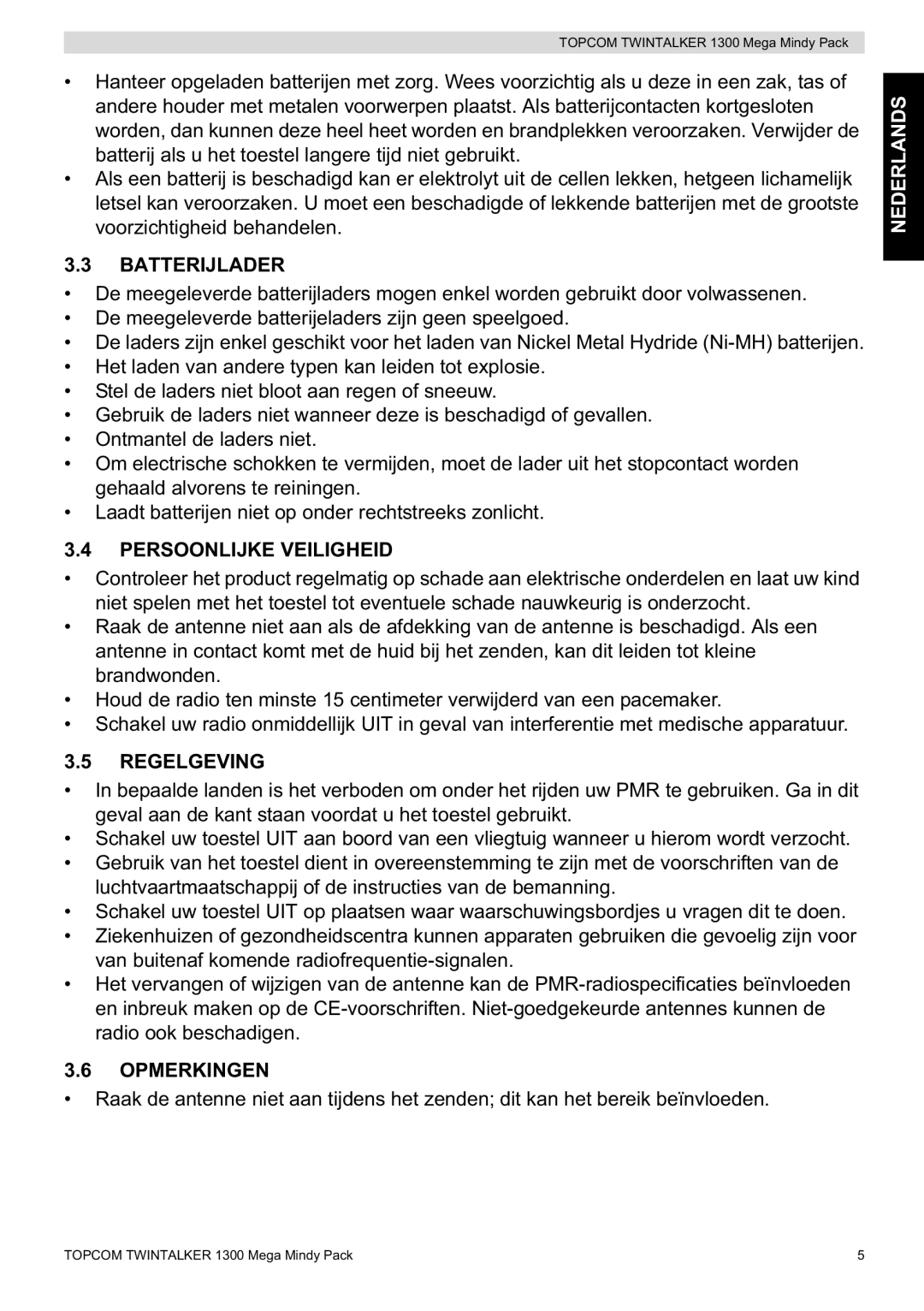 Topcom 1300 Mega Mindy manual Batterijlader, Persoonlijke Veiligheid, Regelgeving, Opmerkingen 