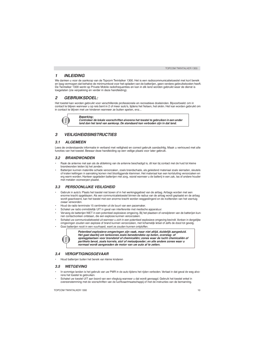 Topcom 1300 manual Inleiding, Gebruiksdoel, Veiligheidsinstructies 