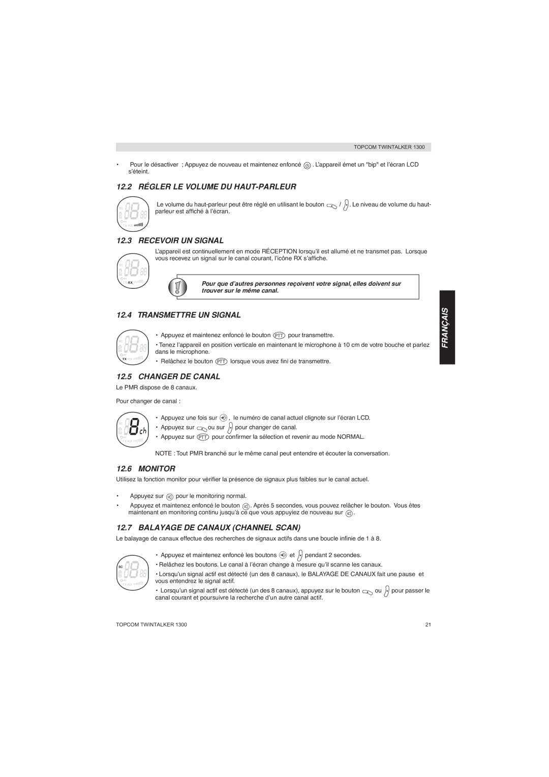 Topcom 1300 manual 12.2 Régler LE Volume DU HAUT-PARLEUR, Recevoir UN Signal, Transmettre UN Signal, Changer DE Canal 