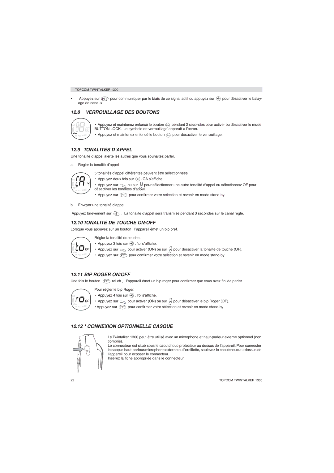 Topcom 1300 manual Verrouillage DES Boutons, Tonalités D’APPEL, Tonalité DE Touche ON/OFF, BIP Roger ON/OFF 