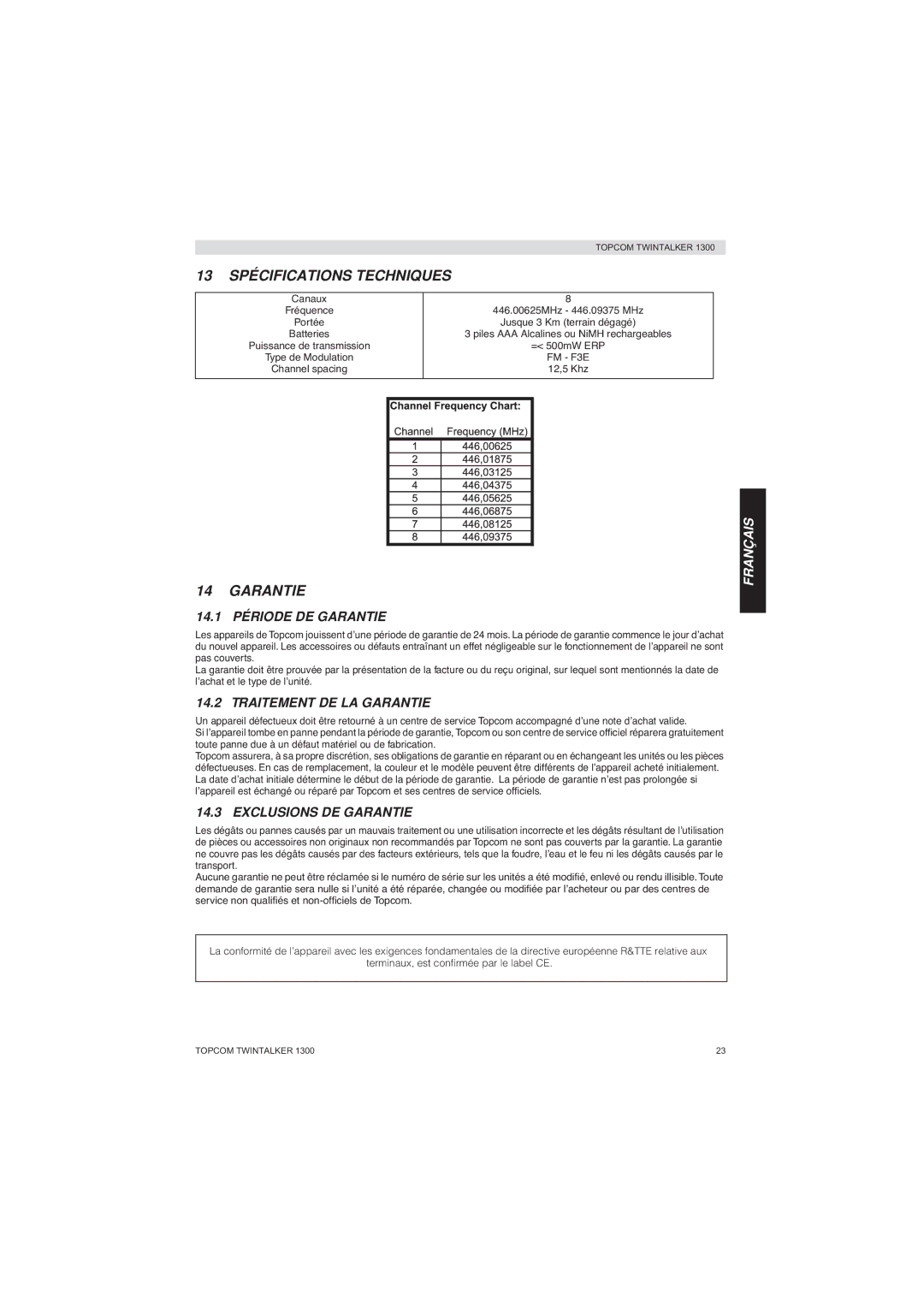 Topcom 1300 13 Spécifications Techniques, 14.1 Période DE Garantie, Traitement DE LA Garantie, Exclusions DE Garantie 