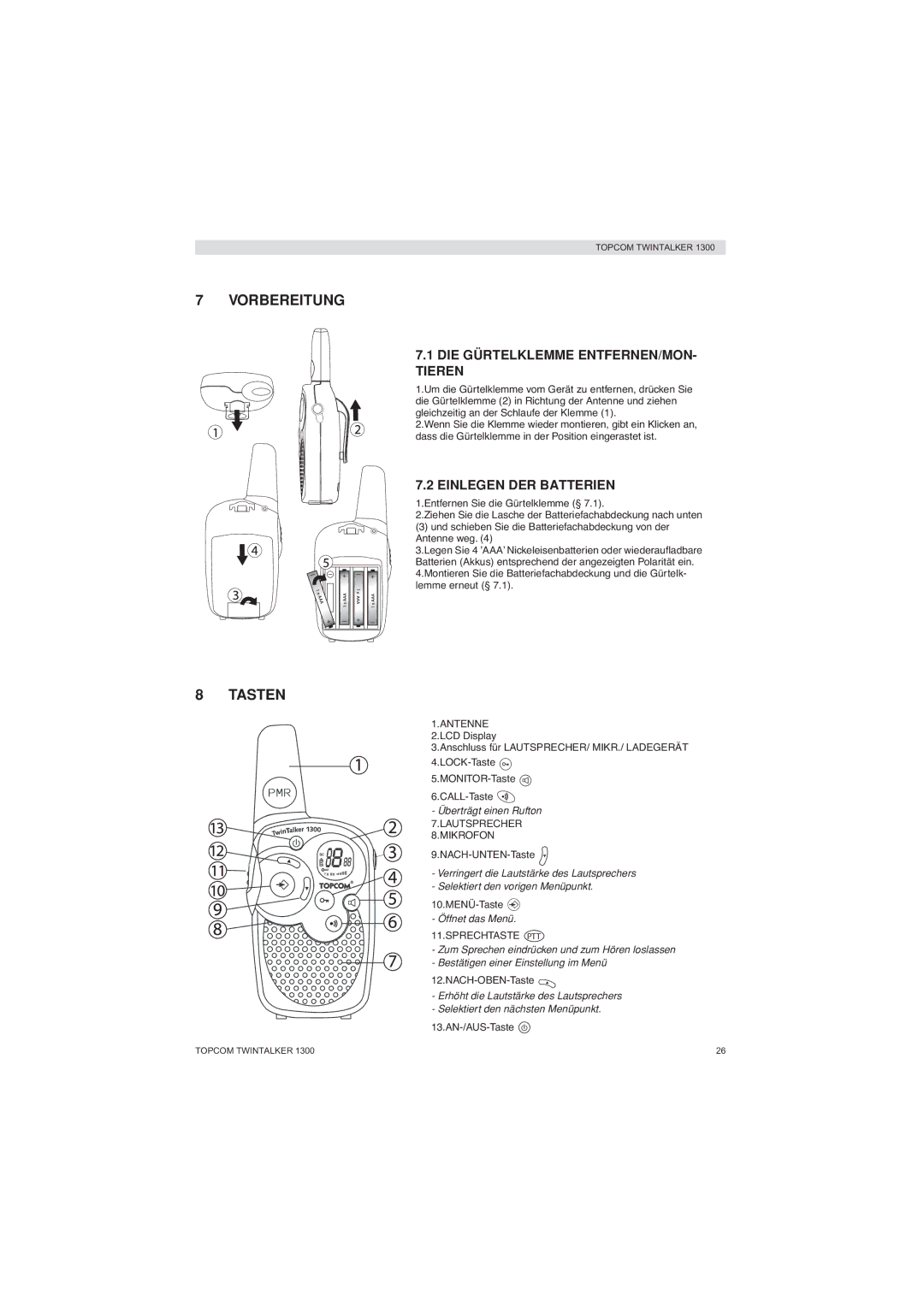 Topcom 1300 manual Vorbereitung, Tasten, DIE Gürtelklemme ENTFERNEN/MON- Tieren, Einlegen DER Batterien 