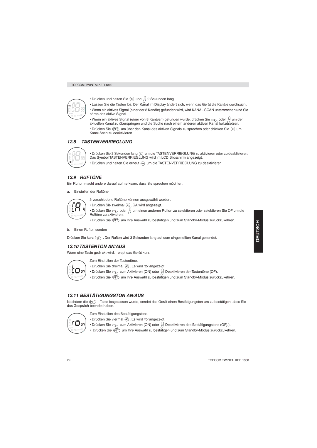 Topcom 1300 manual Tastenverrieglung, Ruftöne, Tastenton AN/AUS, Bestätigungston AN/AUS 