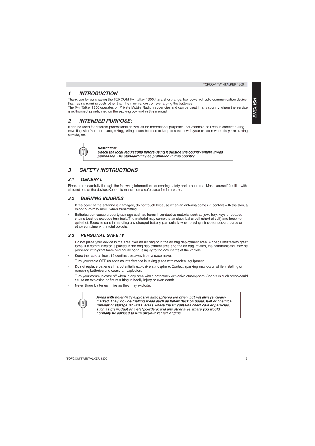 Topcom 1300 manual Introduction, Intended Purpose, Safety Instructions 