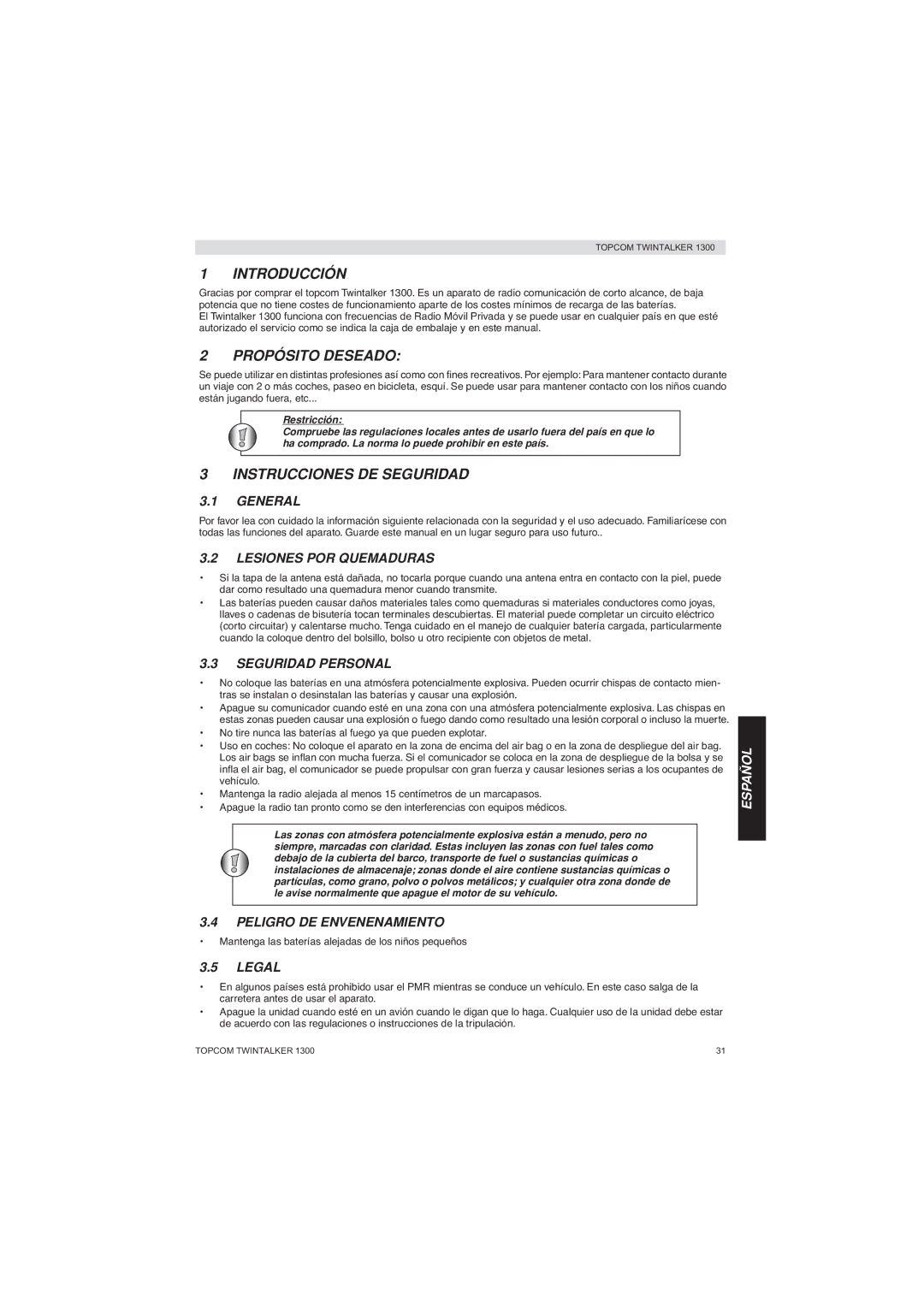 Topcom 1300 manual Introducción, Propósito Deseado, Instrucciones DE Seguridad 