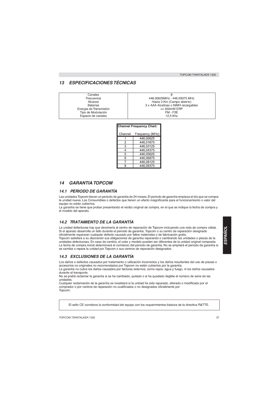 Topcom 1300 manual Especificaciones Técnicas, Garantia Topcom, Periodo DE Garantía, Tratamiento DE LA Garantía 