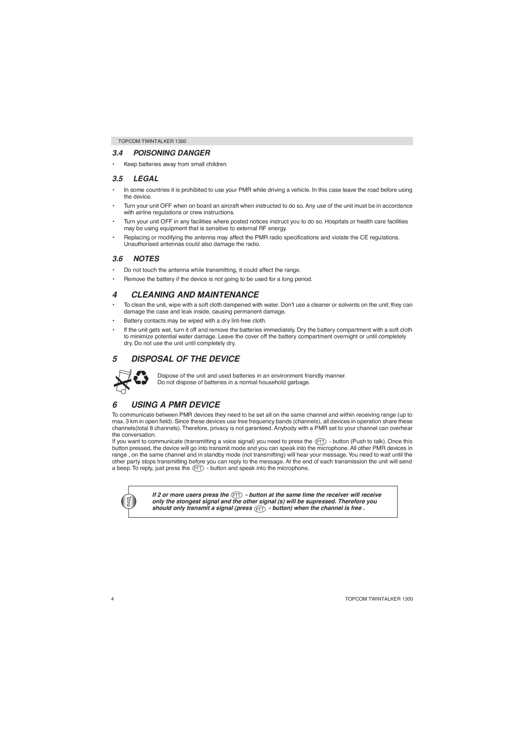 Topcom 1300 manual Cleaning and Maintenance, Disposal of the Device, Using a PMR Device, Poisoning Danger, Legal 