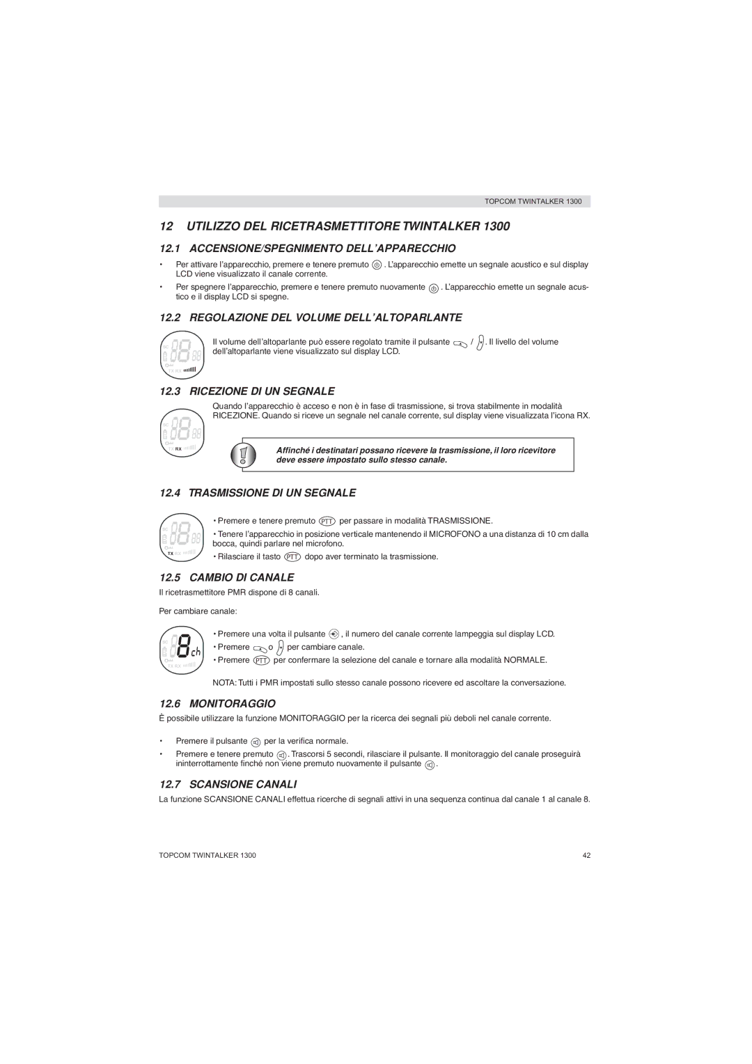 Topcom 1300 manual Utilizzo DEL Ricetrasmettitore Twintalker 