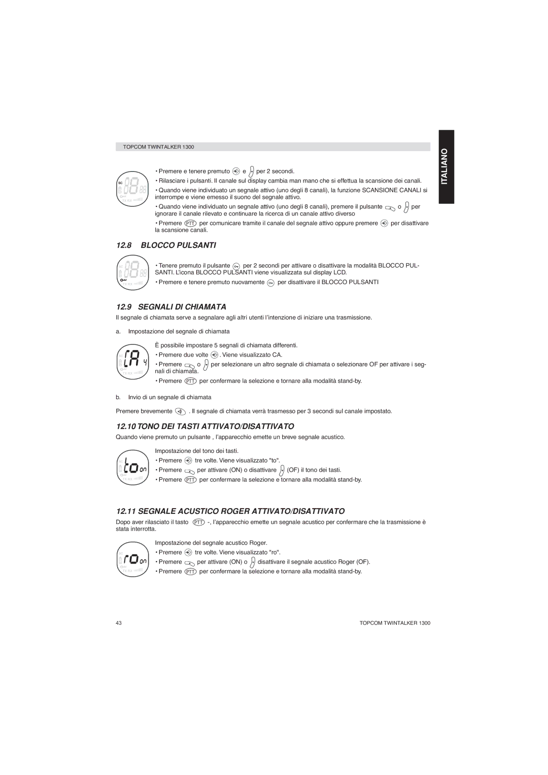 Topcom 1300 manual Blocco Pulsanti, Segnali DI Chiamata, Tono DEI Tasti ATTIVATO/DISATTIVATO 