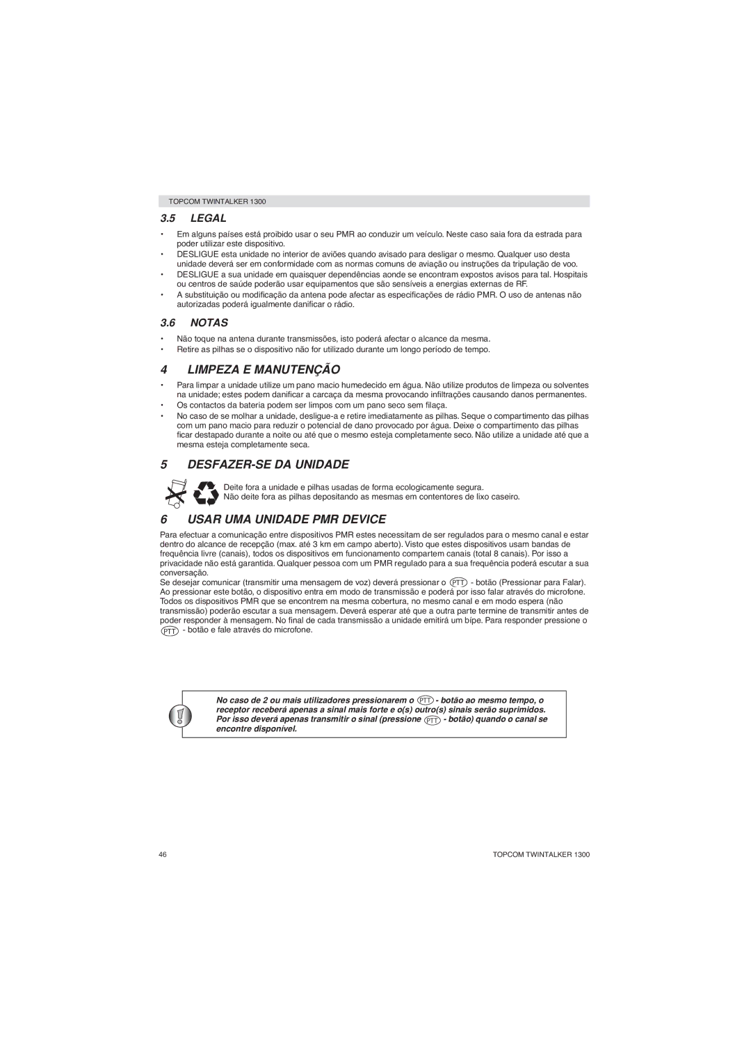 Topcom 1300 manual Limpeza E Manutenção, DESFAZER-SE DA Unidade, Usar UMA Unidade PMR Device 