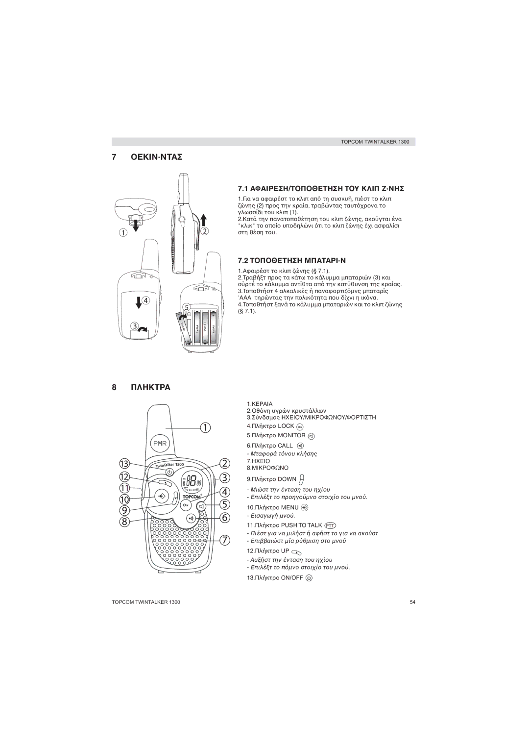 Topcom 1300 manual Oεκιν·Ντασ, Πληκτρα, ΑΦΑΙΡΕΣΗ/ΤΤΥ Κλιπ, Τμπαταρι·Ν 