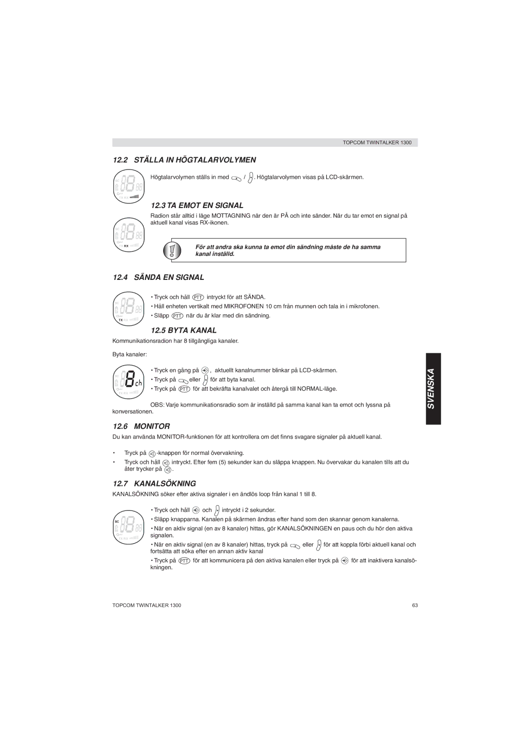 Topcom 1300 manual 12.2 Ställa in Högtalarvolymen, TA Emot EN Signal, 12.4 Sända EN Signal, Byta Kanal, Kanalsökning 