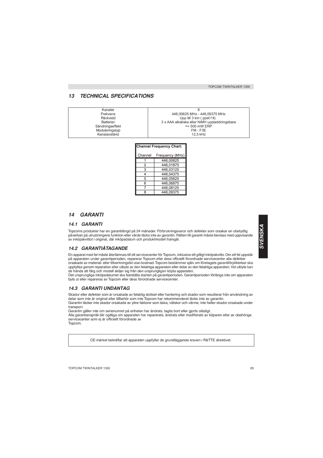 Topcom 1300 manual Garantiåtagande, Garanti Undantag 