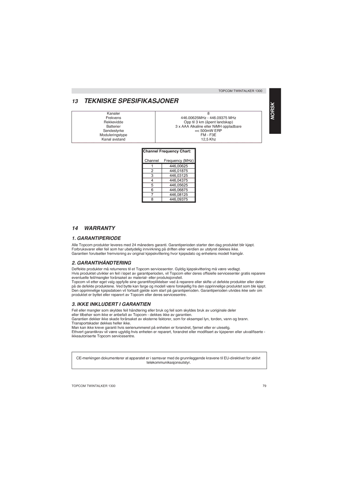 Topcom 1300 manual Garantiperiode, Garantihåndtering, Ikke Inkludert I Garantien, Kanaler 