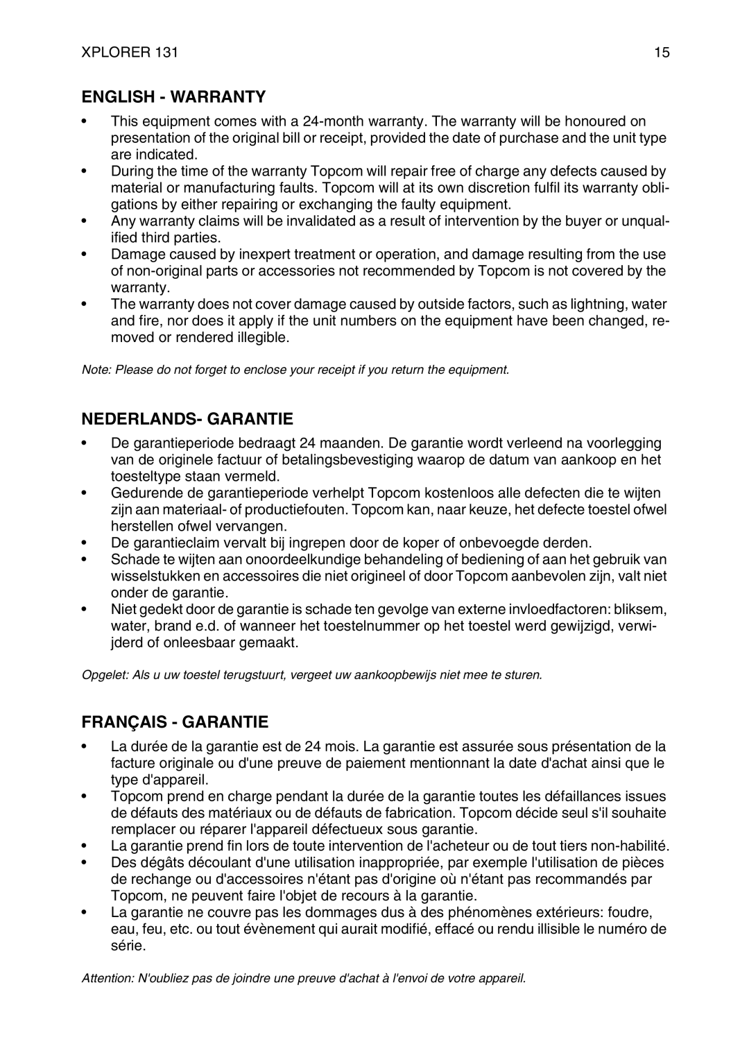 Topcom 136 manual English Warranty, NEDERLANDS- Garantie, Français Garantie 