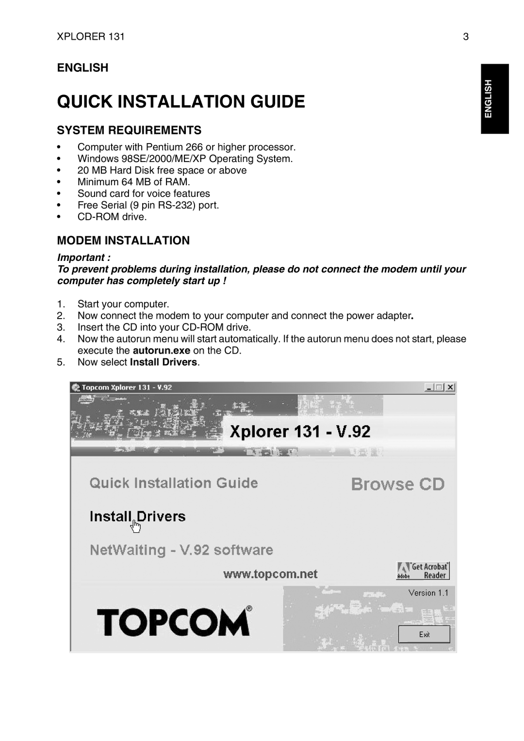 Topcom 136 manual Quick Installation Guide, English, System Requirements, Modem Installation, Now select Install Drivers 