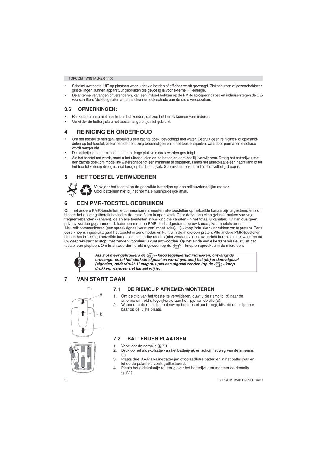 Topcom 1400 manual Reiniging EN Onderhoud, HET Toestel Verwijderen, EEN PMR-TOESTEL Gebruiken, VAN Start Gaan 