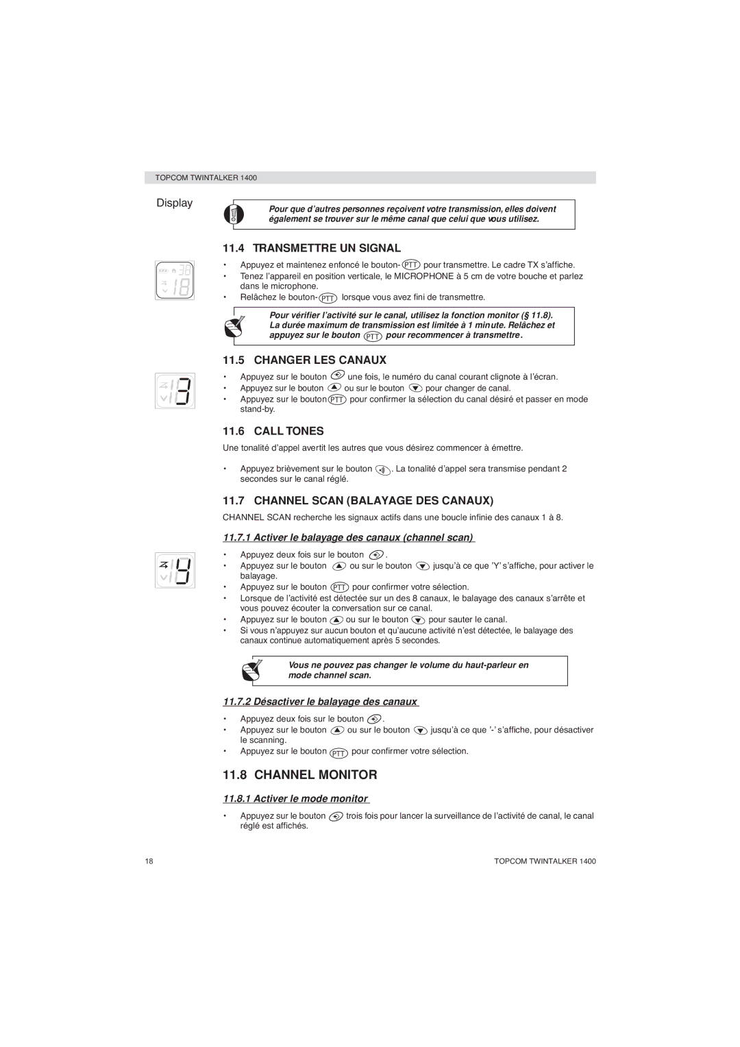 Topcom 1400 manual Channel Monitor, Transmettre UN Signal, Changer LES Canaux, Channel Scan Balayage DES Canaux 