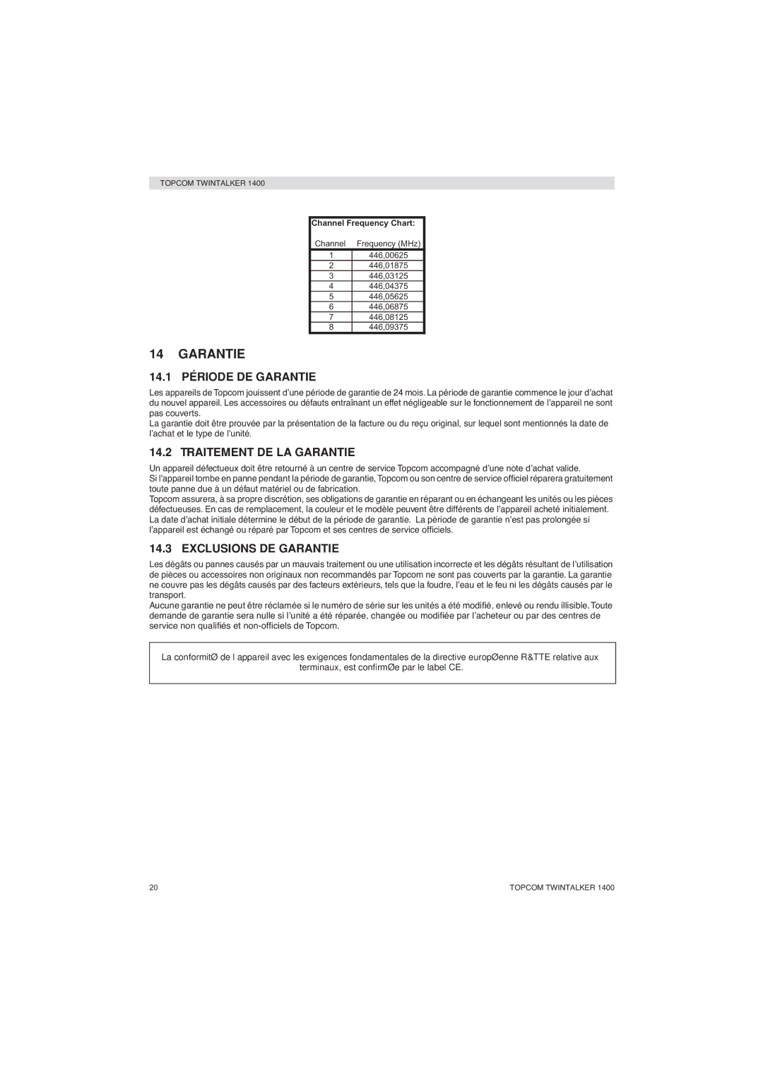 Topcom 1400 manual 14.1 Période DE Garantie, Traitement DE LA Garantie, Exclusions DE Garantie 