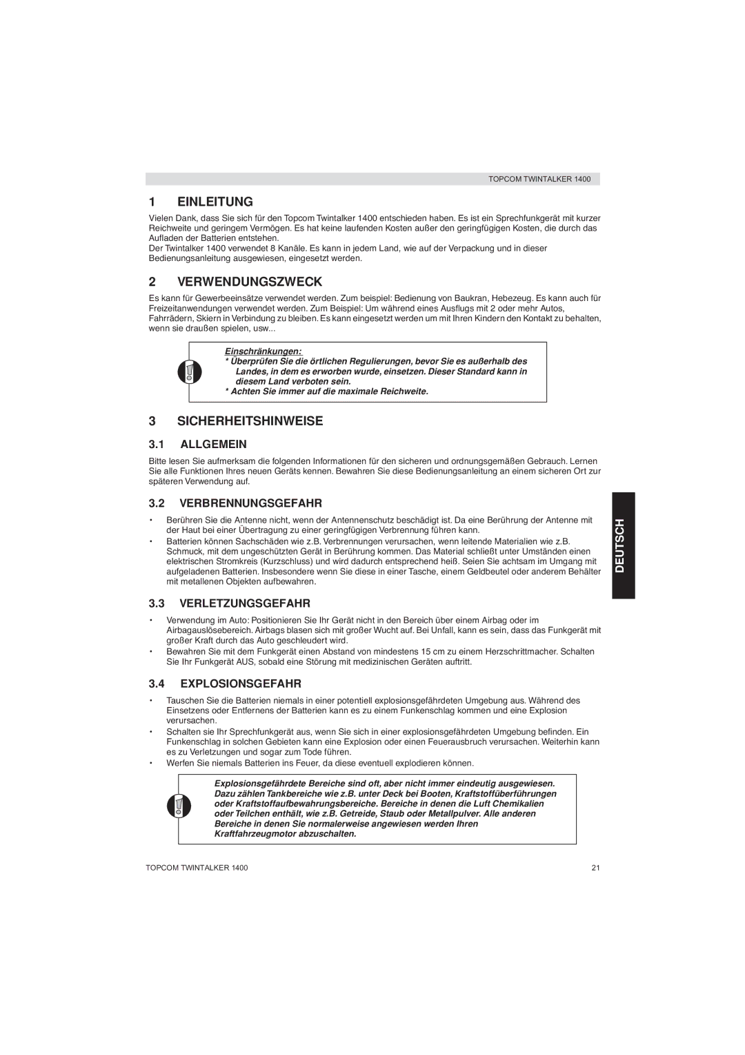 Topcom 1400 manual Einleitung, Verwendungszweck, Sicherheitshinweise 