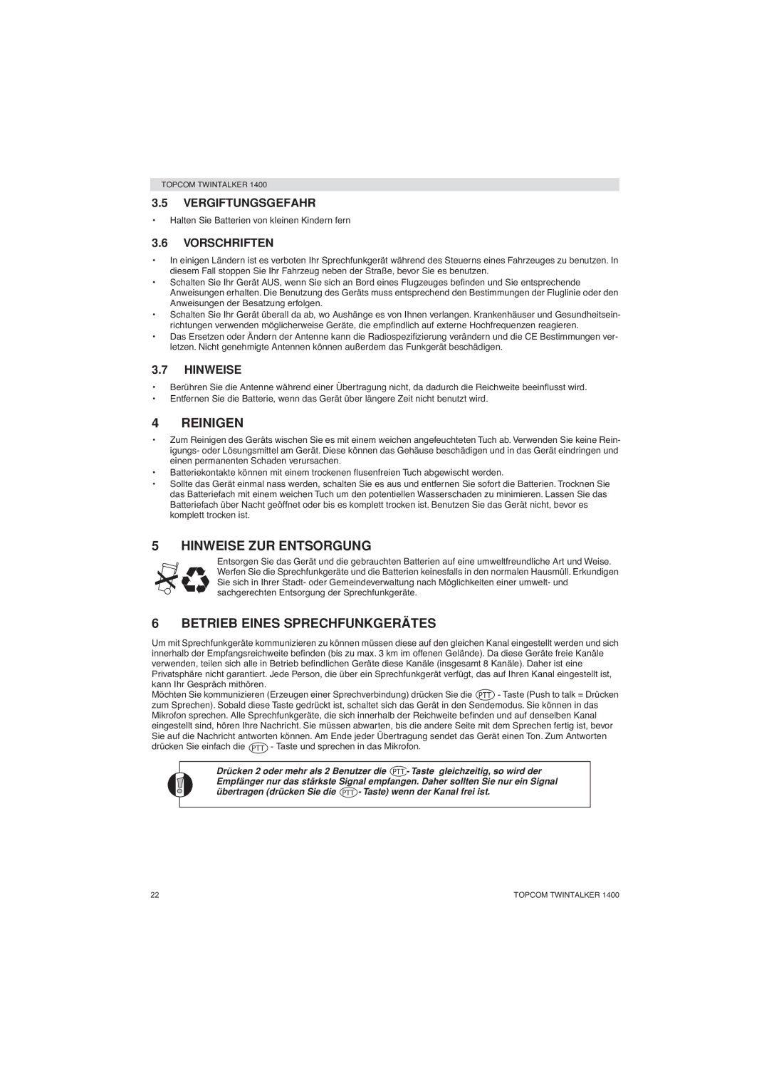 Topcom 1400 manual Reinigen, Hinweise ZUR Entsorgung, Betrieb Eines Sprechfunkgerätes 