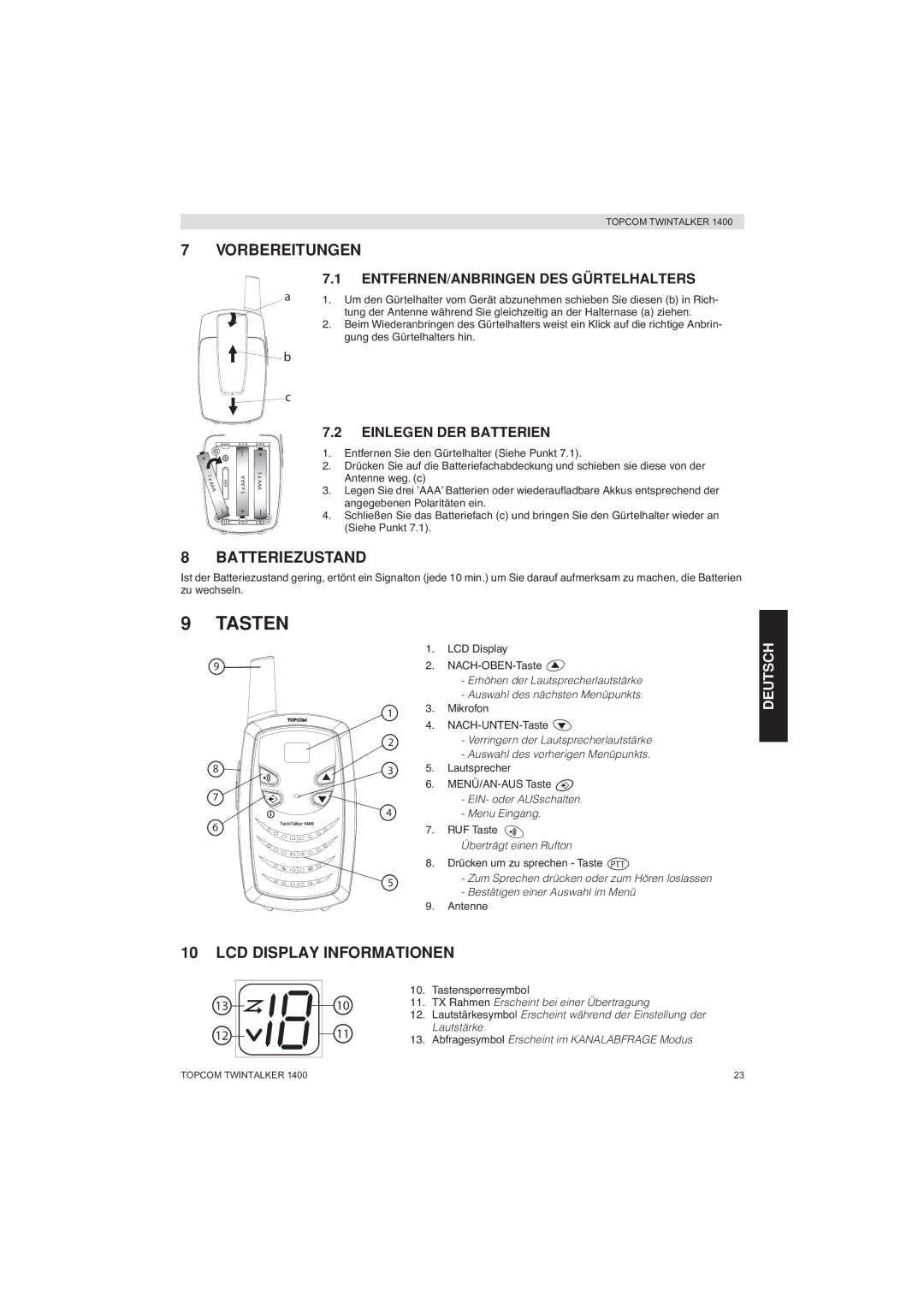 Topcom 1400 manual Vorbereitungen, Batteriezustand, LCD Display Informationen, ENTFERNEN/ANBRINGEN DES Gürtelhalters 