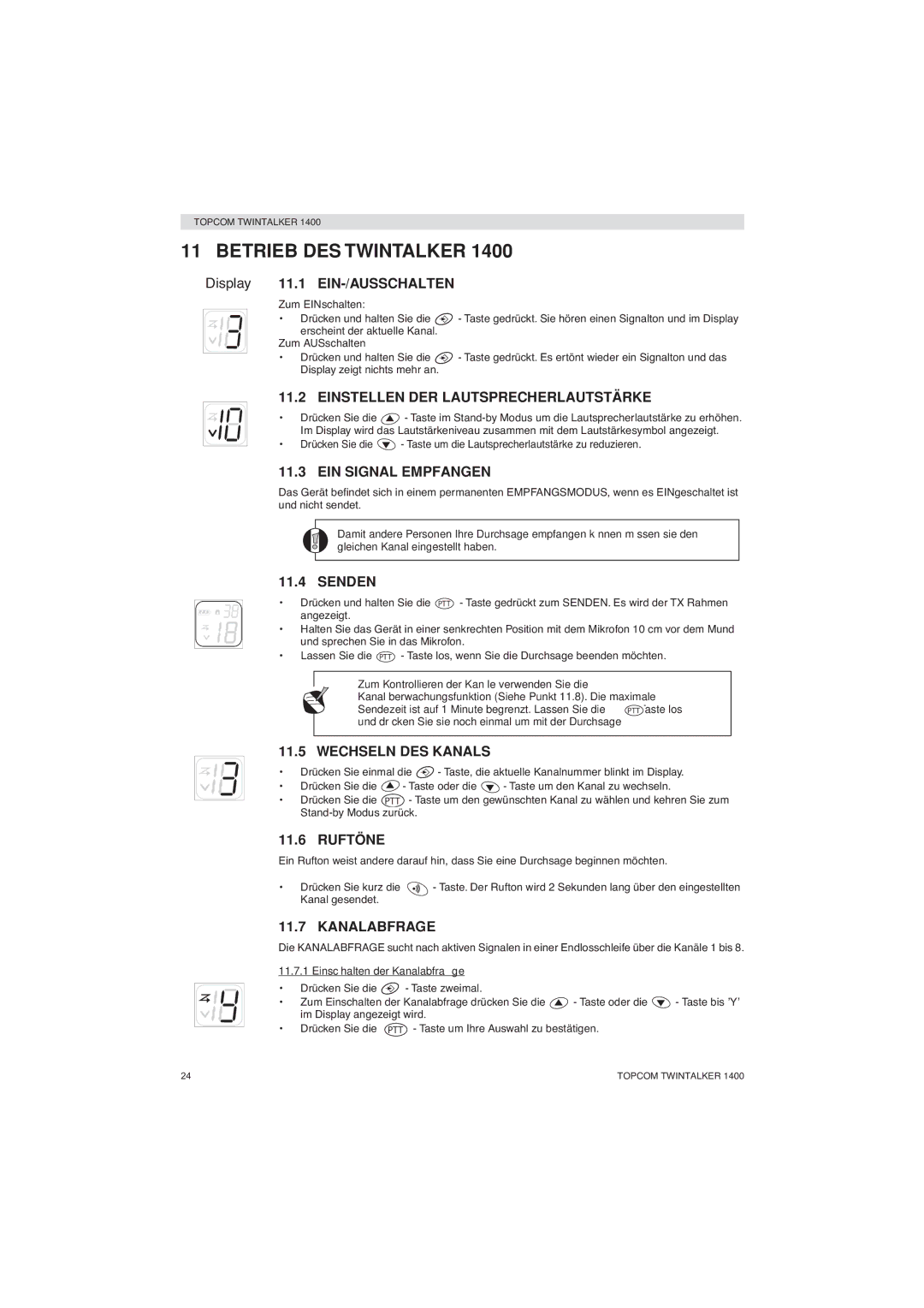 Topcom 1400 manual Einstellen DER Lautsprecherlautstärke, EIN Signal Empfangen, Senden, Wechseln DES Kanals, Ruftöne 