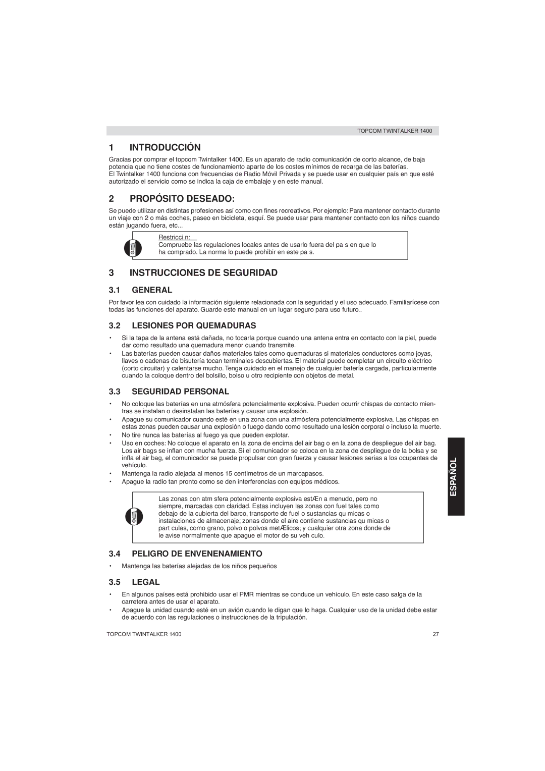 Topcom 1400 manual Introducción, Propósito Deseado, Instrucciones DE Seguridad 