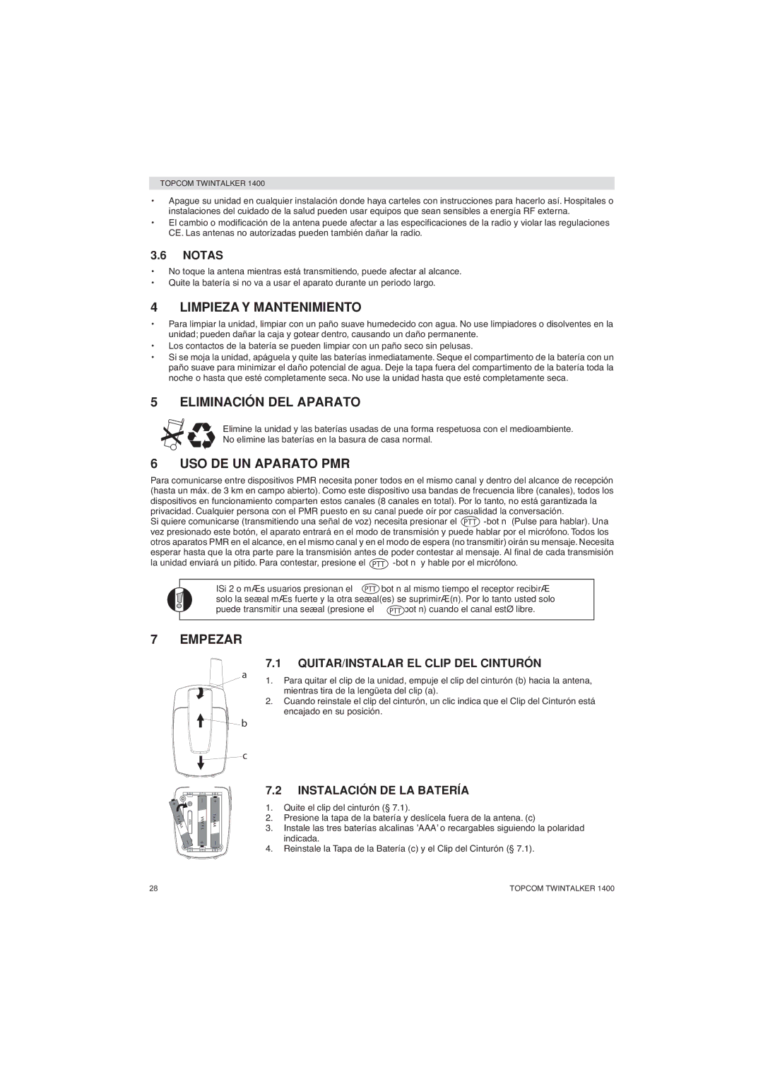 Topcom 1400 manual Limpieza Y Mantenimiento, Eliminación DEL Aparato, USO DE UN Aparato PMR, Empezar 