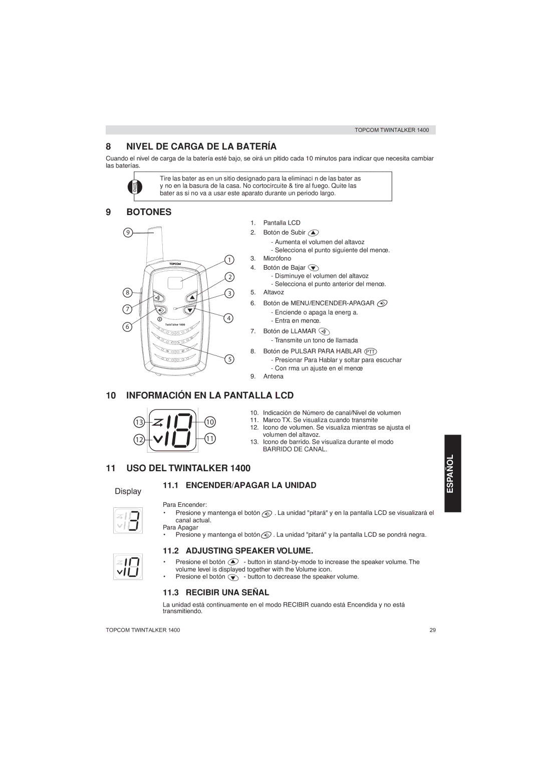 Topcom 1400 manual Nivel DE Carga DE LA Batería, Botones, Información EN LA Pantalla LCD, USO DEL Twintalker 