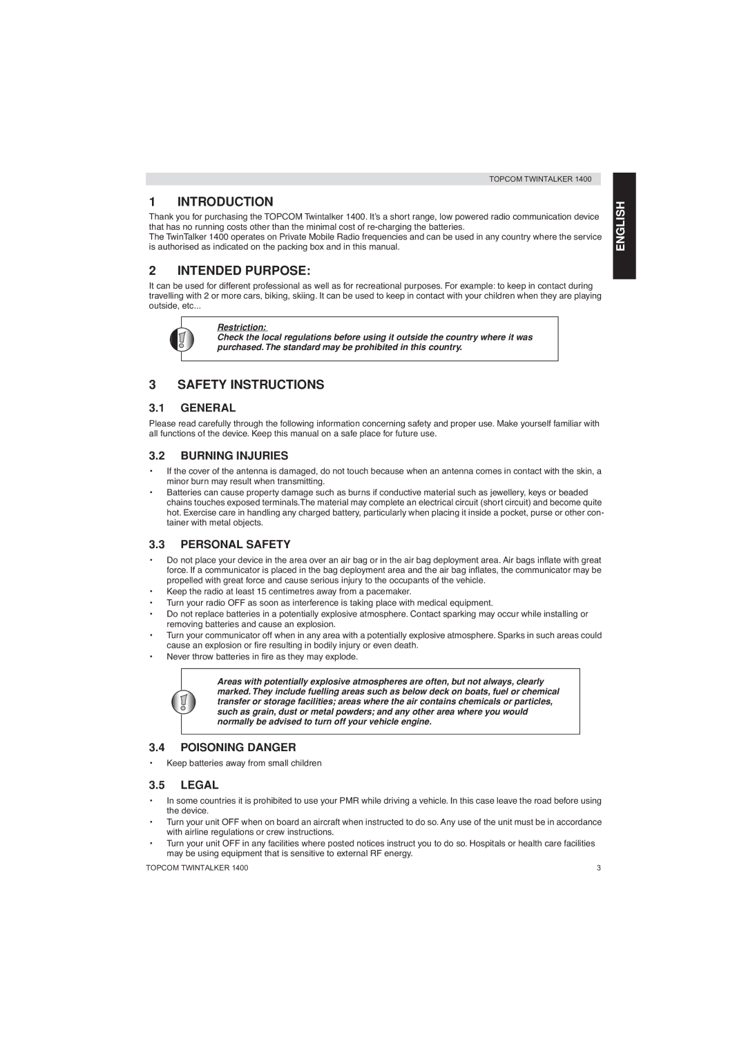 Topcom 1400 manual Introduction, Intended Purpose, Safety Instructions 