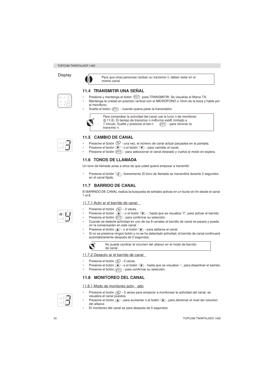 Topcom 1400 manual Transmitir UNA Señal, Cambio DE Canal, Tonos DE Llamada, Barrido DE Canal, Monitoreo DEL Canal 