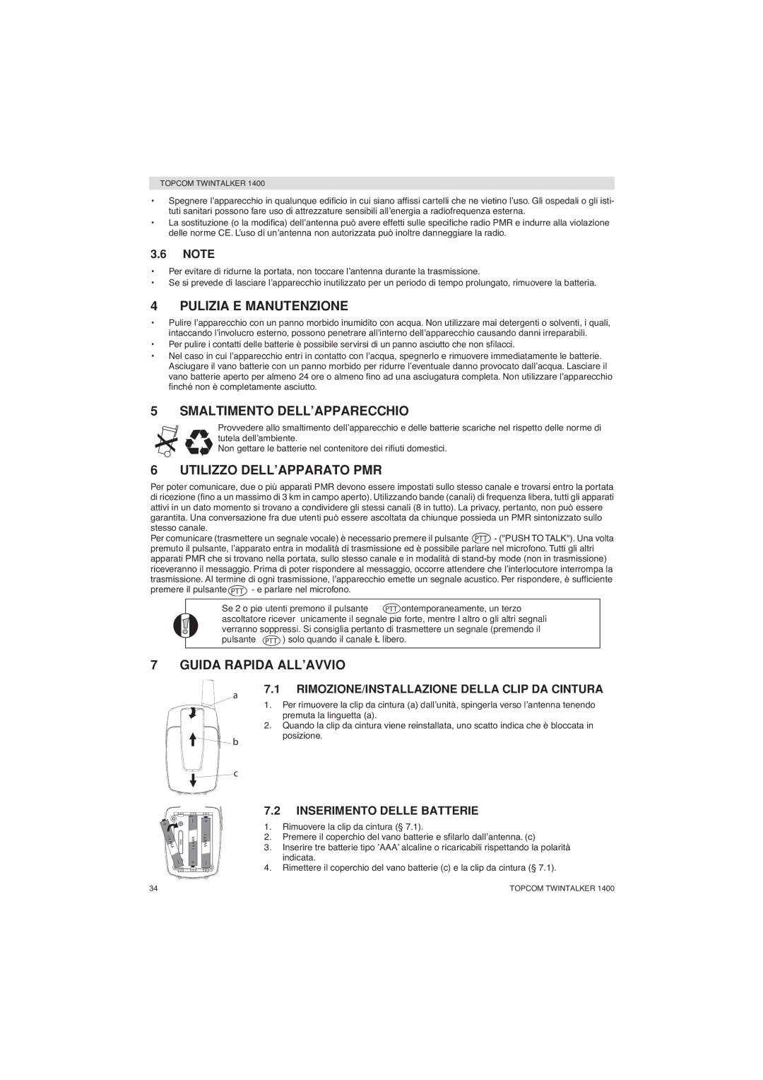 Topcom 1400 manual Pulizia E Manutenzione, Smaltimento DELL’APPARECCHIO, Utilizzo DELL’APPARATO PMR, Guida Rapida ALL’AVVIO 