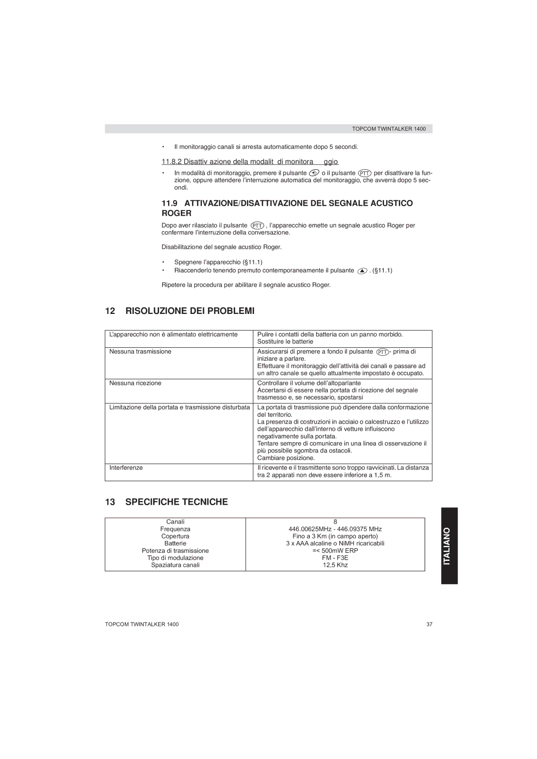 Topcom 1400 manual Risoluzione DEI Problemi, Specifiche Tecniche, ATTIVAZIONE/DISATTIVAZIONE DEL Segnale Acustico Roger 