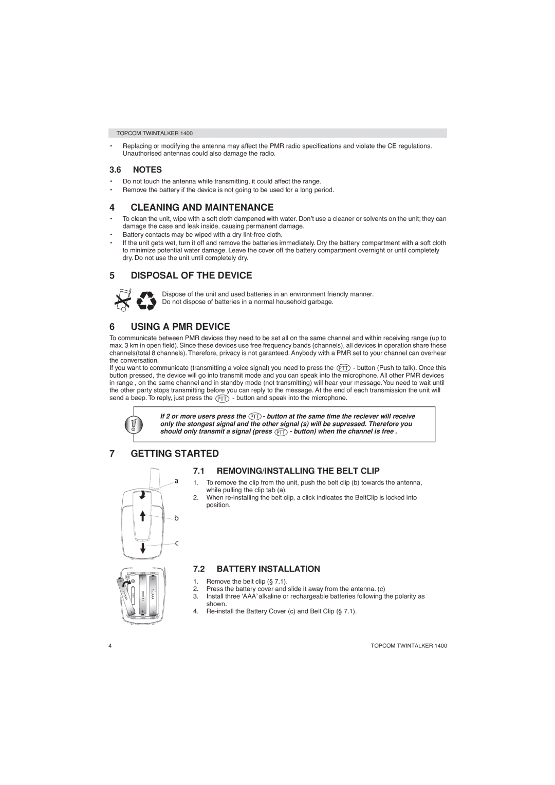 Topcom 1400 manual Cleaning and Maintenance, Disposal of the Device, Using a PMR Device, Getting Started 