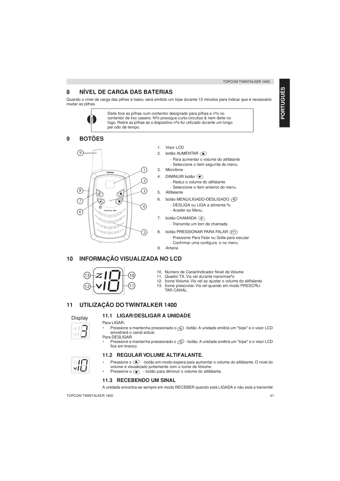 Topcom 1400 manual Nível DE Carga DAS Baterias, Botões, Informação Visualizada no LCD, Utilização do Twintalker 