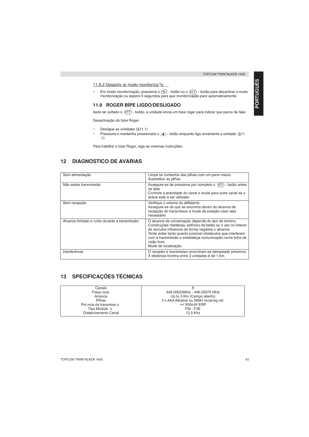 Topcom 1400 Diagnostico DE Avarias, Specificações Técnicas, Roger Bípe LIGDO/DESLIGADO, Desactivar modo monitorização 