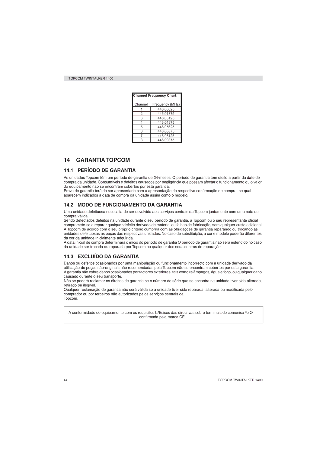 Topcom 1400 manual 14.1 Período DE Garantia, Modo DE Funcionamento DA Garantia, Excluído DA Garantia 