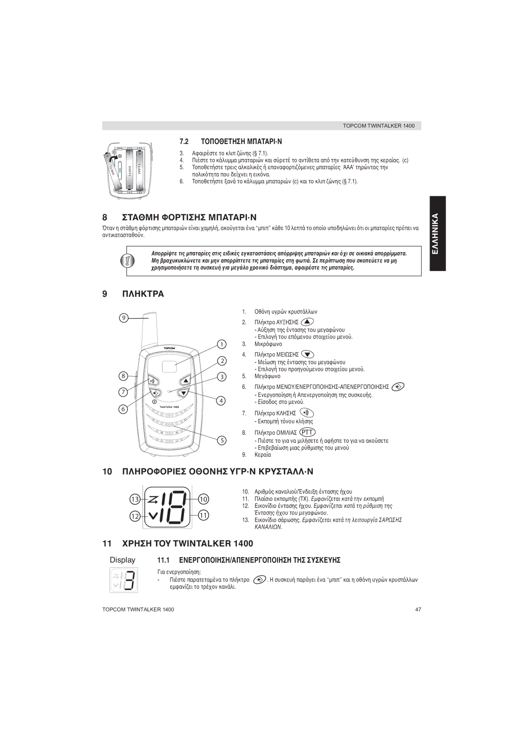 Topcom 1400 manual Σταθμη ΦΤΑΡΙ·Ν, Πληκτρα, 10 ΠΛΗΡΥΓΡ·Ν ΚΡΥΣΤΑΛΛ·Ν, 11 Υ Twintalker 