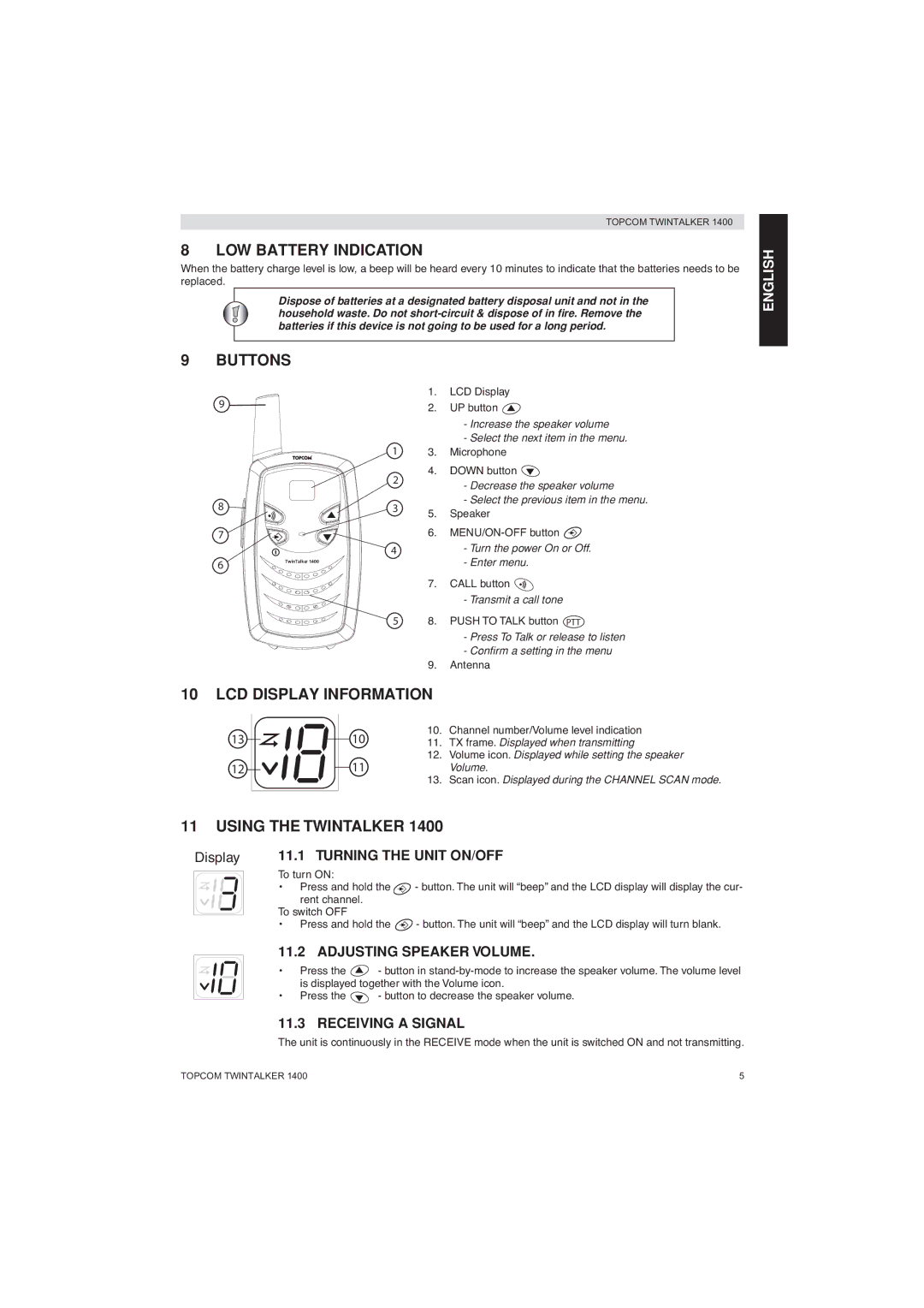 Topcom 1400 manual LOW Battery Indication, Buttons, LCD Display Information, Using the Twintalker 